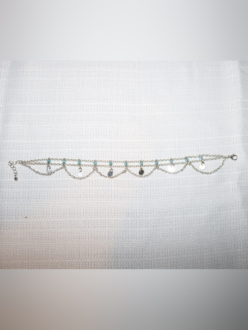 Silver and Aqua Beaded Drape Chain Anklet